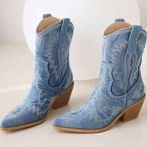 Reitoye Women's Embroidered Western Cowboy Boots Mid Calf Chunky Heel Pull-Up T…